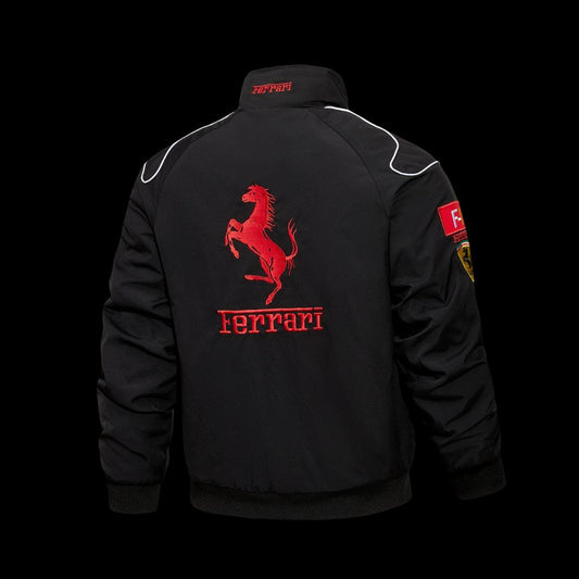 2026 Scuderia Ferrari F1 Team Black Racing Jacket with Red Stripe and Shell UPS Sponsor Logos