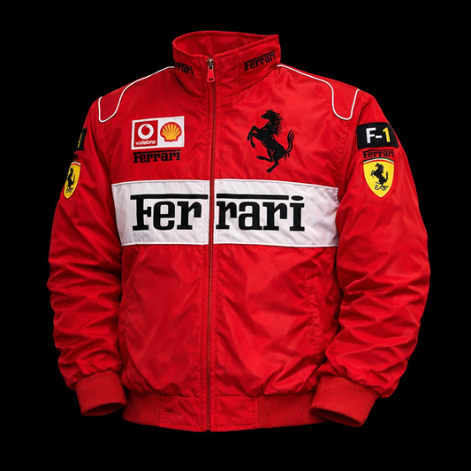 2026 Scuderia Ferrari F1 Team Red Racing Jacket with Black Stripe and Shell UPS Sponsor Logos