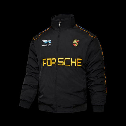 2026 F1 Porsche Motorsport Black Racing Jacket with Gold Lettering and Crest Badge