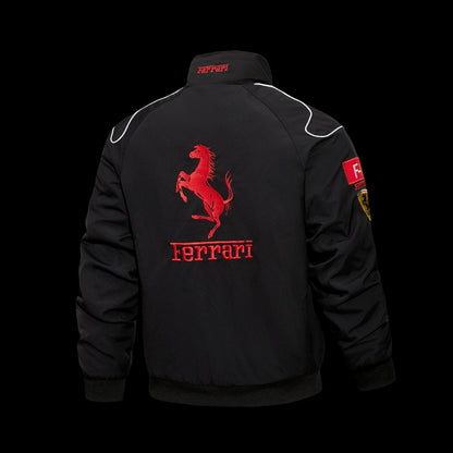 2026 Scuderia Ferrari F1 Team Black Racing Jacket with Red Stripe and Shell UPS Sponsor Logos